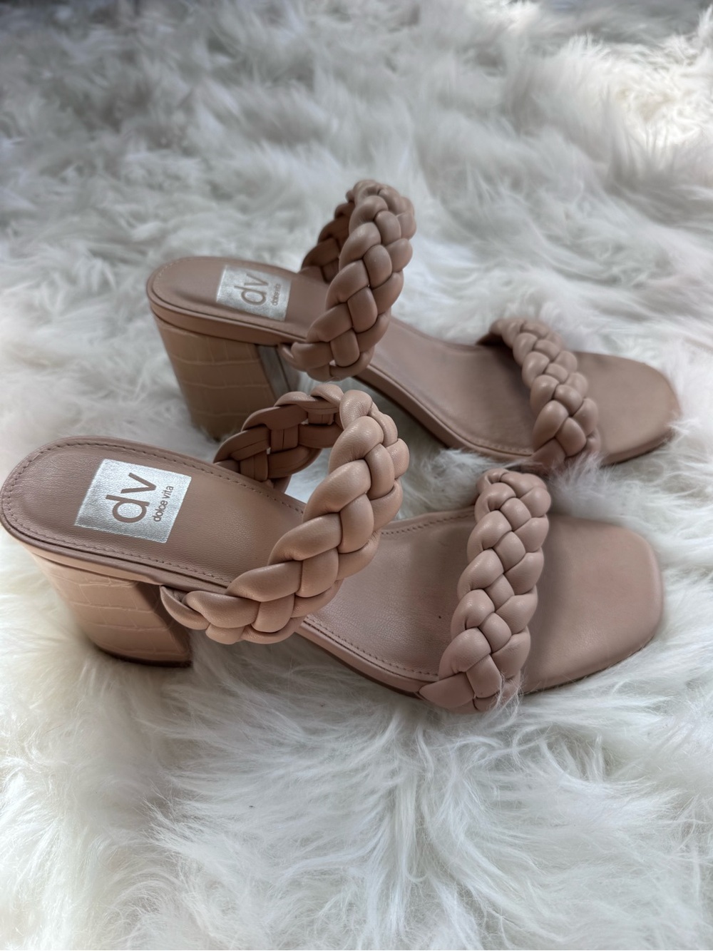 Braided heeled sandals with crocodile detail on heel